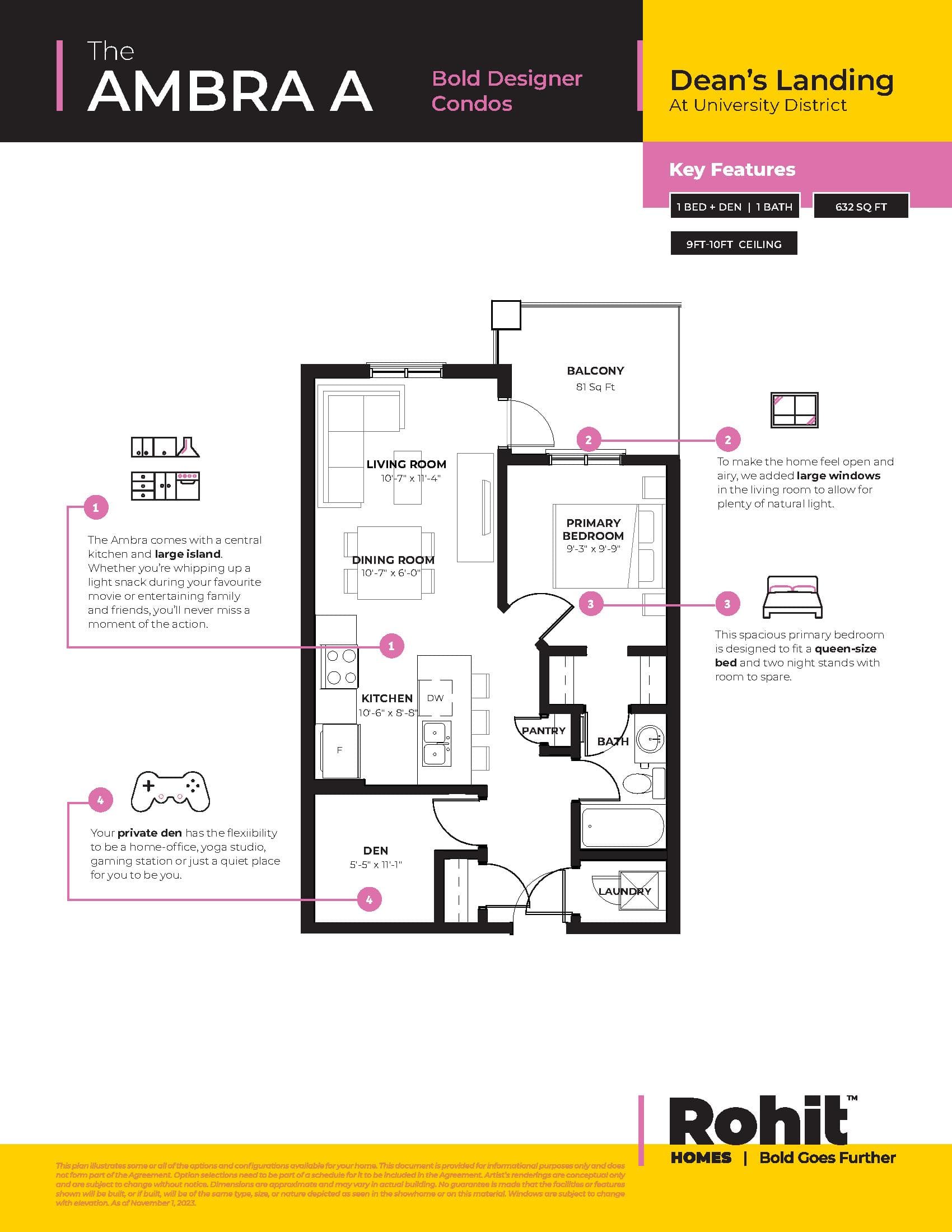 The Ambra A Floor Plan at Dean's Landing at University District Towns - 632 sq.ft