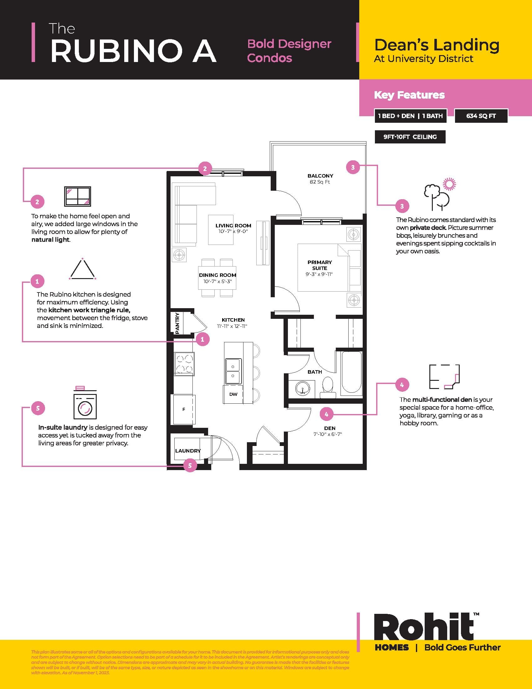 The Rubino A Floor Plan at Dean's Landing at University District Towns - 634 sq.ft