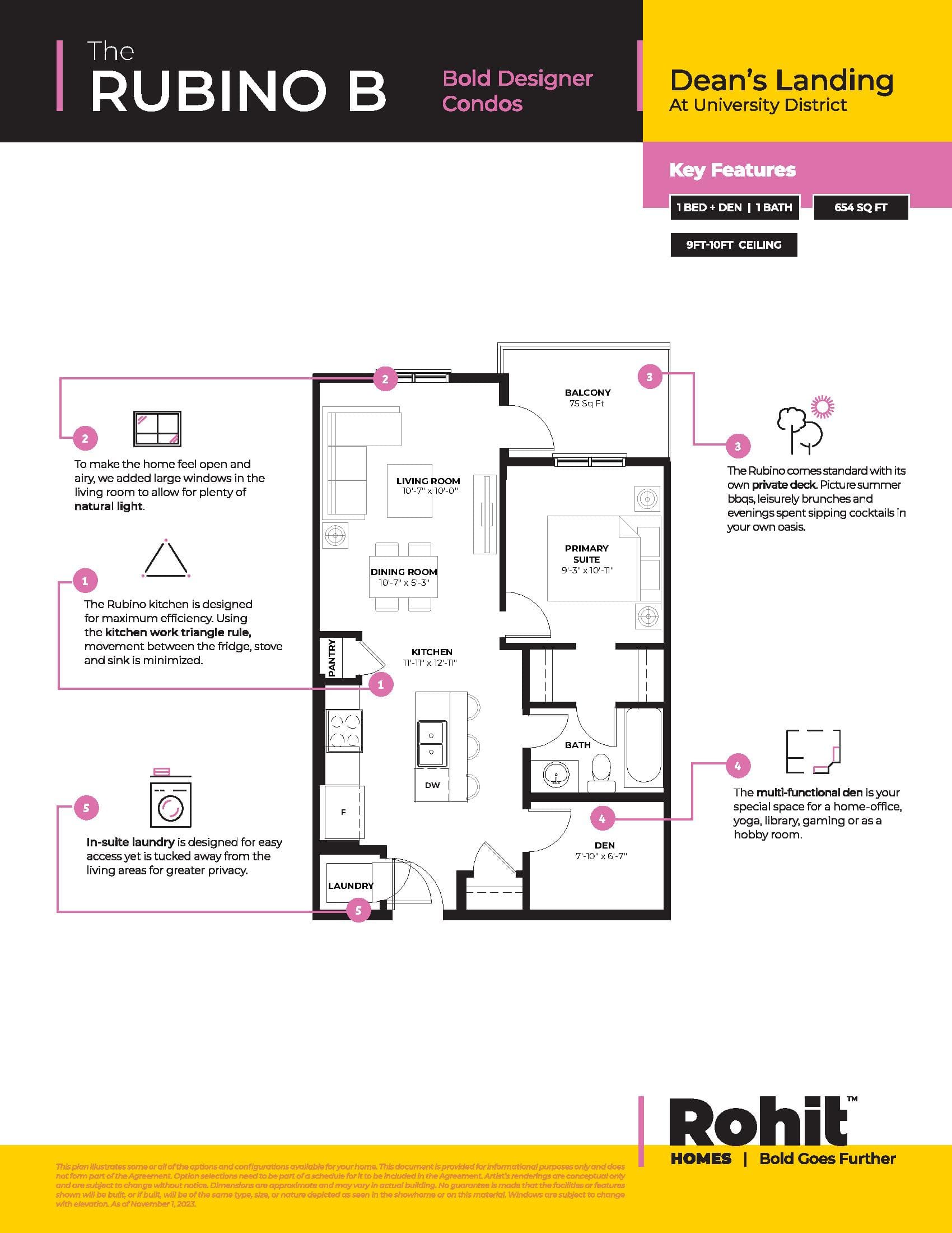 The Rubino B Floor Plan at Dean's Landing at University District Towns - 654 sq.ft