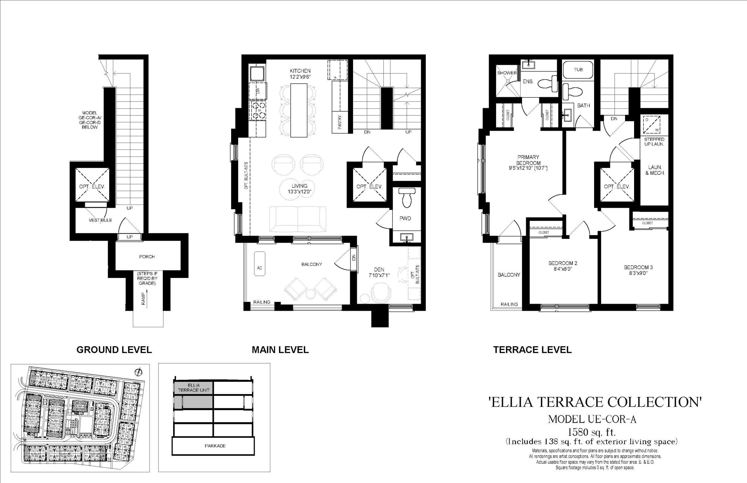 UE-COR-A (Terrace Collection) Floor Plan at Ellia at Unity Towns - 1580 sq.ft