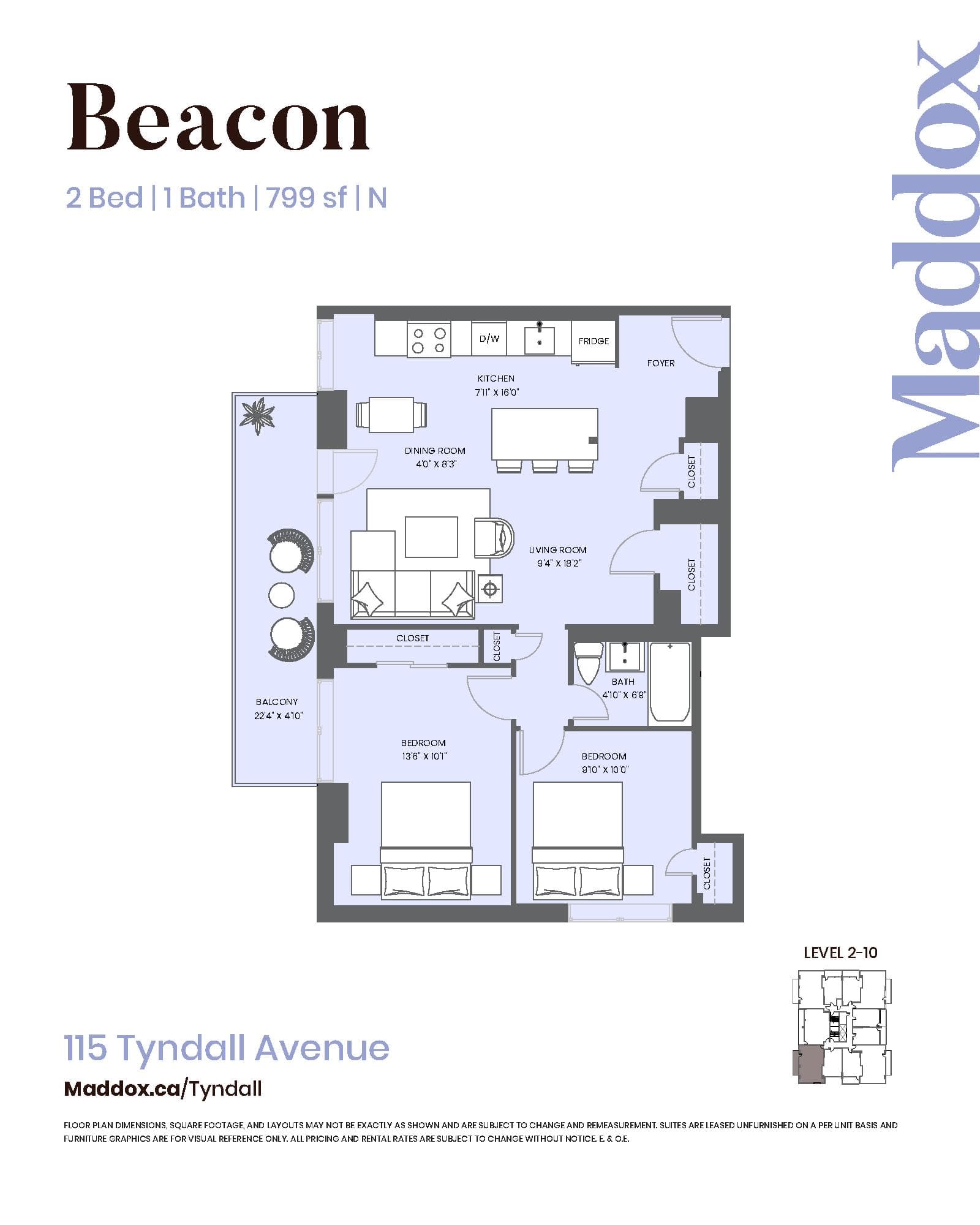 Beacon Floor Plan at Maddox Tyndall by Fitzrovia - 799 sq.ft
