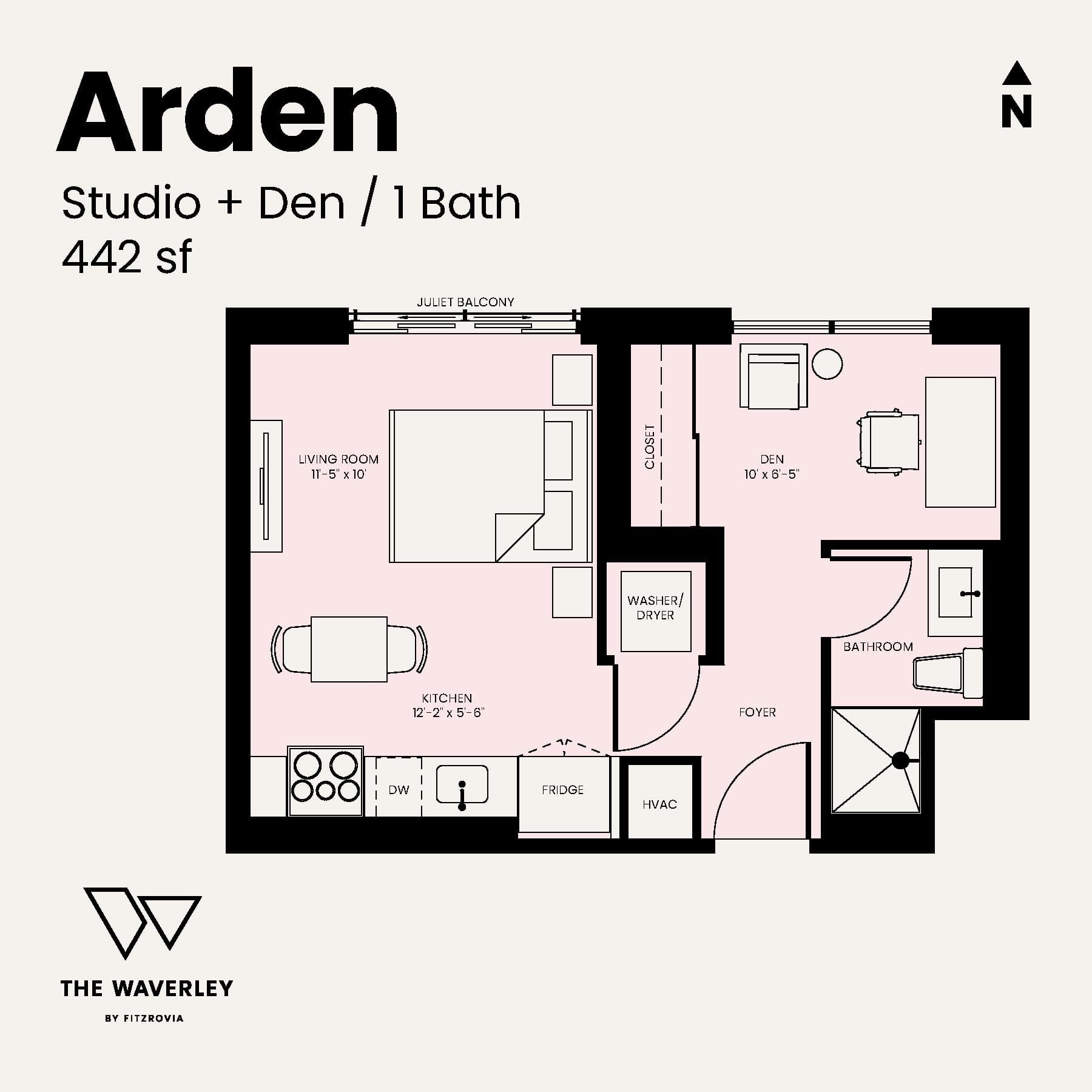 Arden Floor Plan at Waverley by Fitzrovia - 442 sq.ft