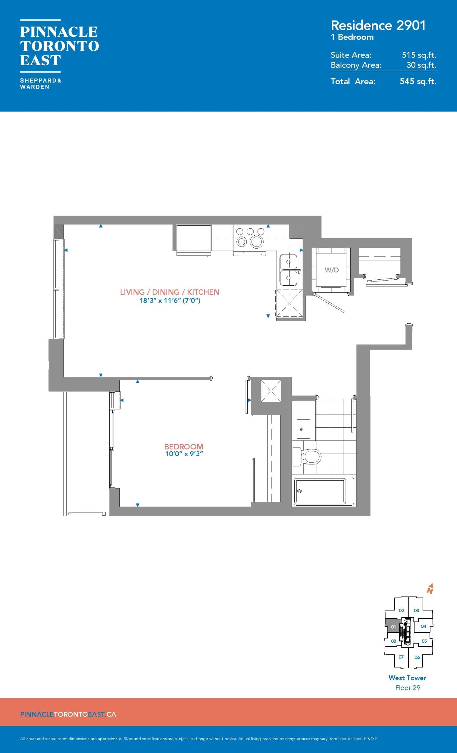 Residence 2901 - West Tower Floor Plan at Pinnacle Toronto East Condos - 515 sq.ft