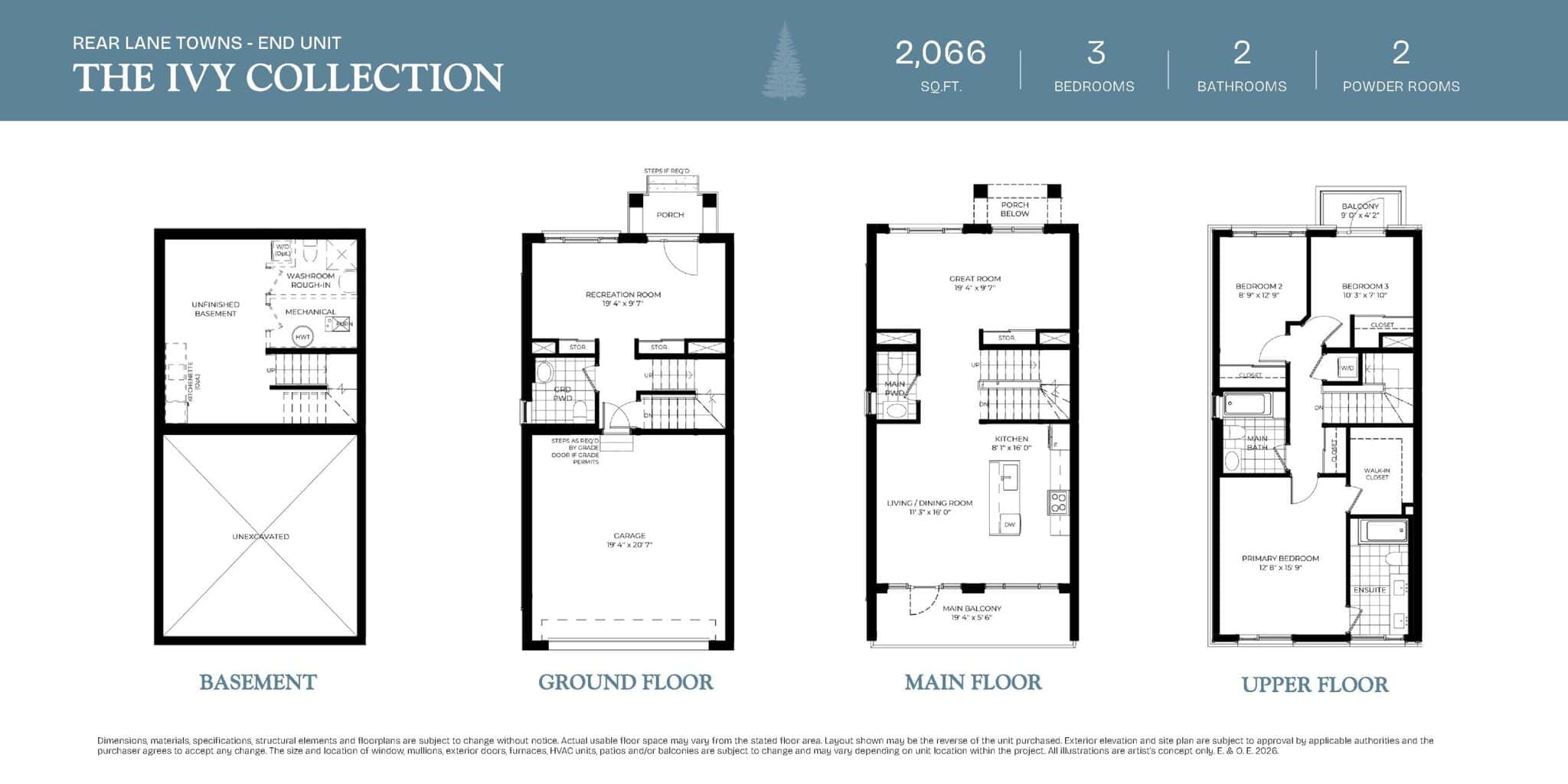 Ivy Collection - End Unit Floor Plan at Woodbine Parkside by 95 Developments - 2066 sq.ft