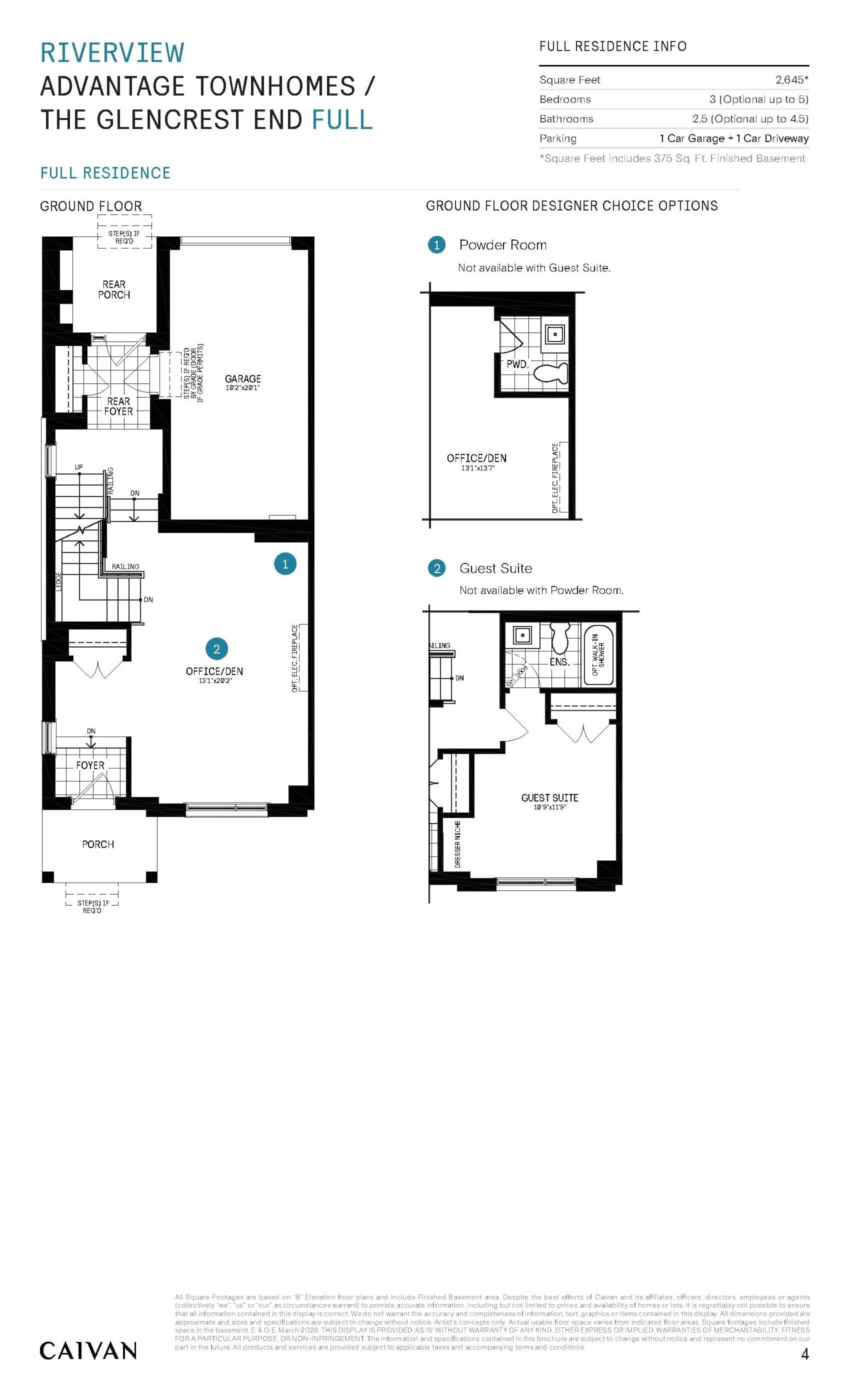 The Glencrest End (Advantage Townhomes) Floor Plan at Riverview South Oakville by Caivan Communities - 2645 sq.ft